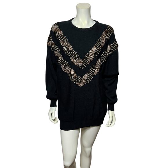 Vintage Karen Scott Black Gold Metallic Chevron Sweater Oversized Tunic Size L - Picture 1 of 8